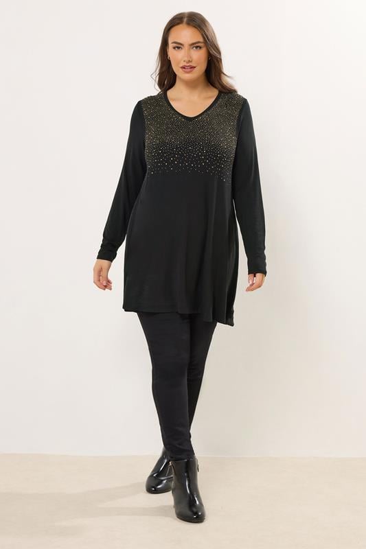 YOURS Plus Size Black & Gold Stud Detail Top | Yours Clothing 1