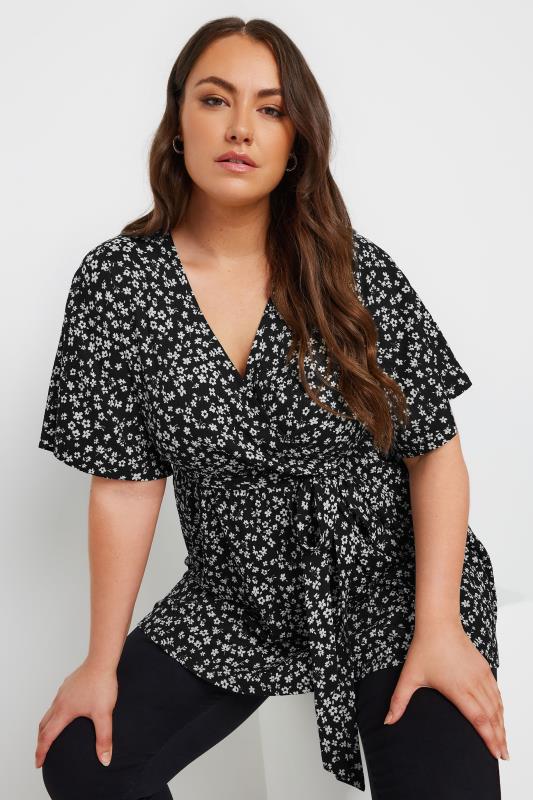 YOURS Curve Black Floral Print Textured Wrap Top | Yours Clothing 5