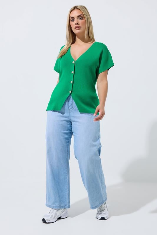 LIMITED COLLECTION Plus Size Green Short Sleeve Knitted Top | Yours Clothing 1