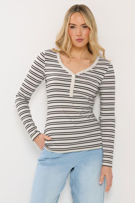LTS Tall White & Brown Stripe Cotton Ribbed Henley Top
