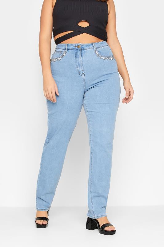 LTS Tall Women's Blue Diamante Embellished Pocket UNA Mom Jeans | Long Tall Sally 1