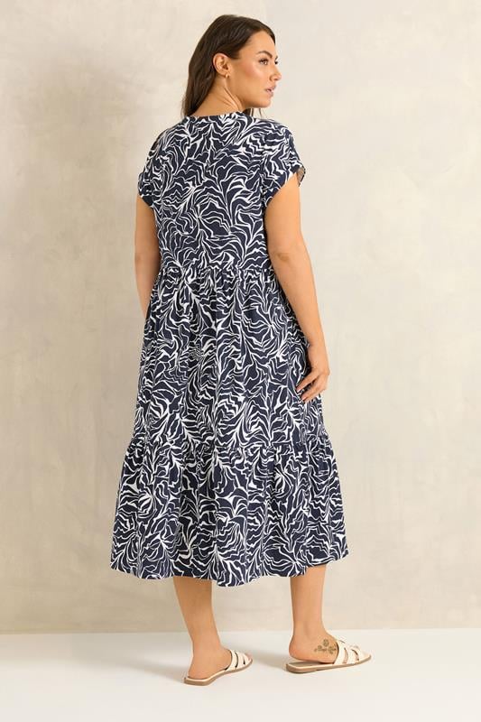 EVANS Plus Size Navy Blue Abstract Print Notch Neck Cotton Midi Dress | Evans 2