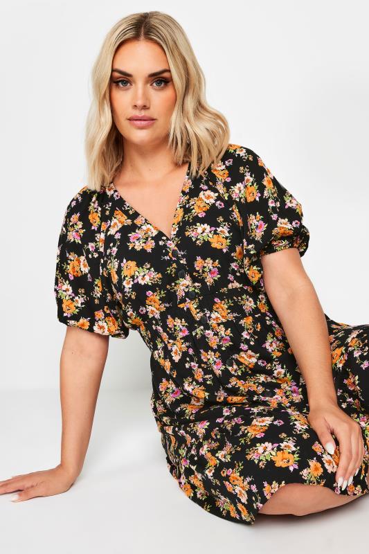 YOURS Plus Size Orange Floral Print Button Through Dress | Yours Curve  4