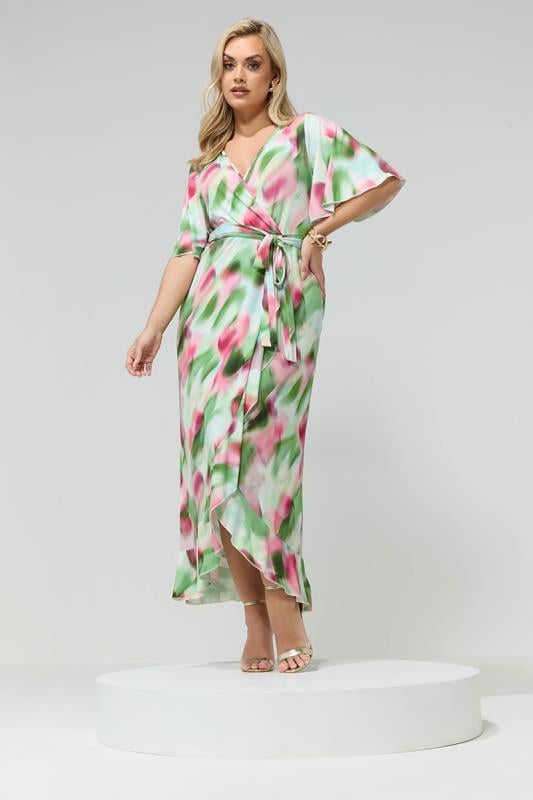 YOURS LONDON Curve Green & Pink Abstract Ruffle Hem Wrap Dress
