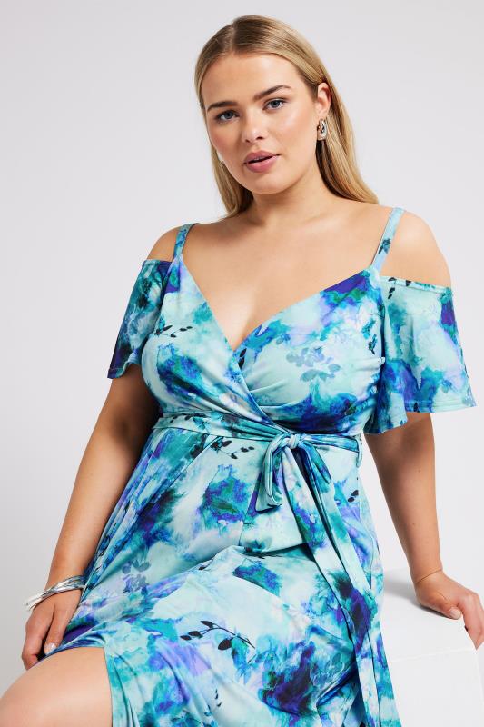 YOURS LONDON Plus Size Blue Floral Print Cold Shoulder Dress | Yours Clothing 4