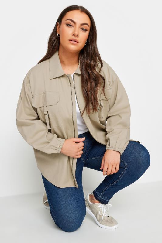 YOURS Plus Size Stone Brown Utility Bomber Jacket | Yours Clothing 4