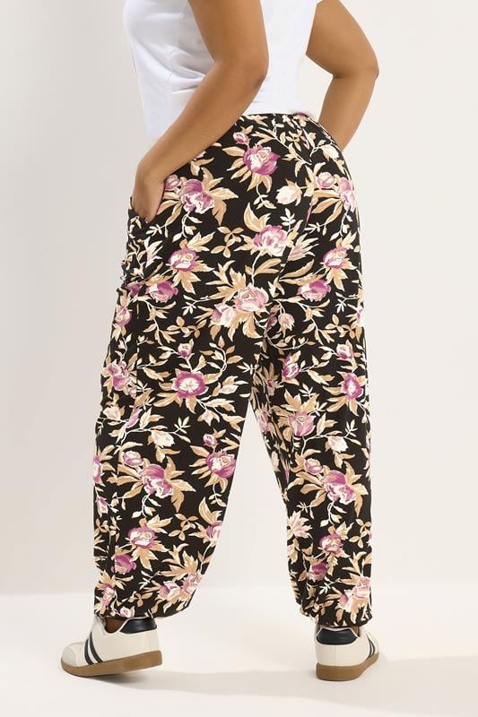 YOURS Plus Size Black Floral Print Cuffed Harem Trousers | Yours Clothing 2