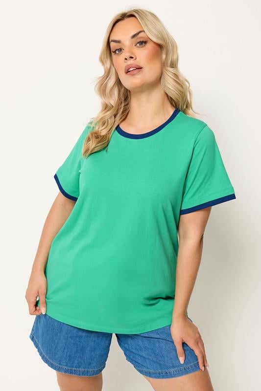 YOURS Plus Size Green Contrast Trim T-Shirt | Yours Clothing 1