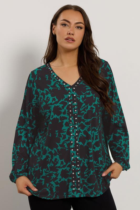 Plus Size  EVANS Curve Green Abstract Floral Stud Detail Top