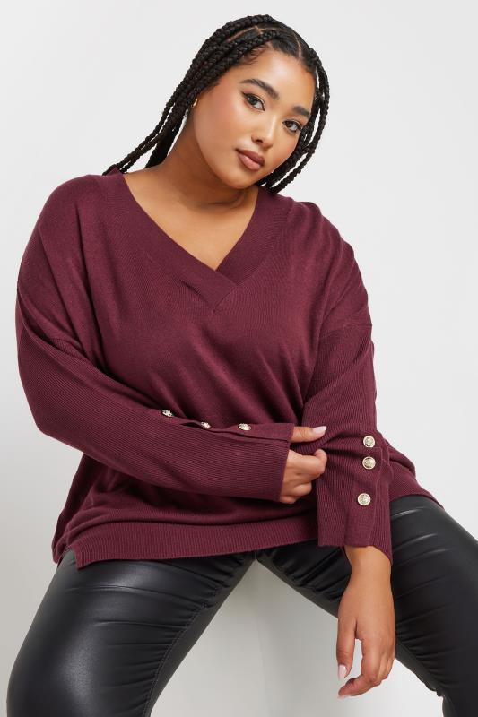 Plus Size  YOURS Curve Burgundy Red Button Sleeve Jumper