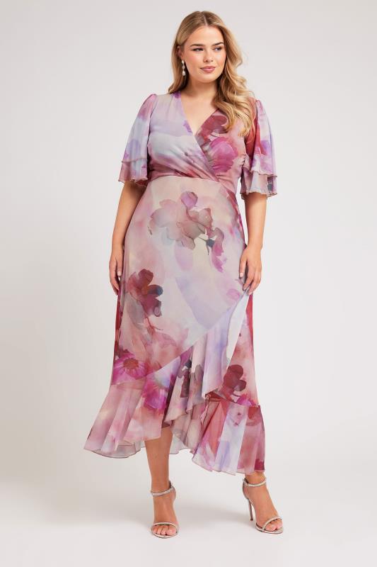 Plus Size  YOURS LONDON Curve Pink Abstract Floral Print Wrap Maxi Dress