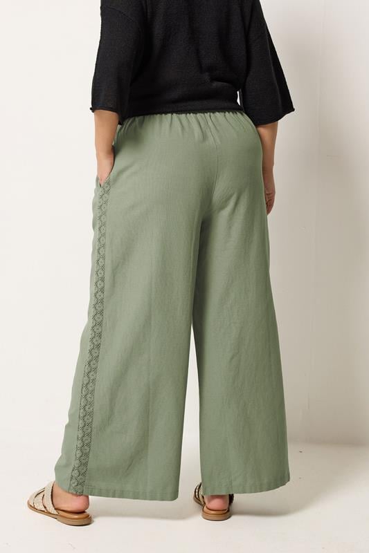 YOURS Plus Size Khaki Green Crochet Detail Linen Trousers | Yours Clothing 2