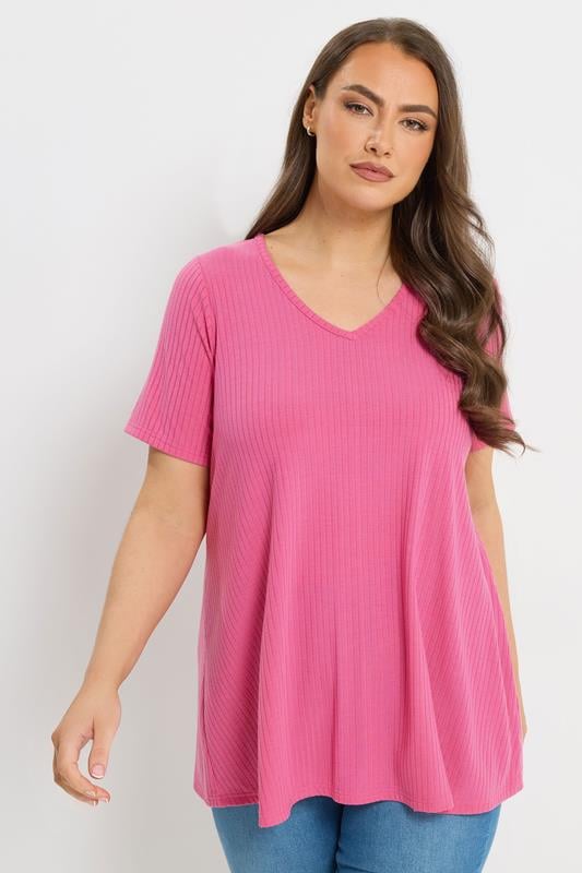  YOURS Curve Pink Ribbed Swing V-Neck T-Shirt