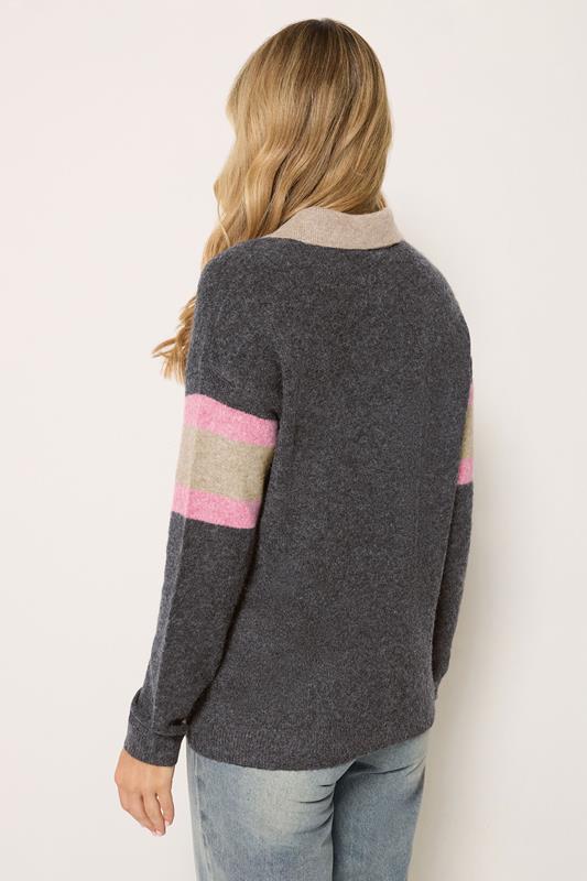 LTS Tall Women's Grey Stripe Knitted Polo Jumper | Long Tall Sally 2