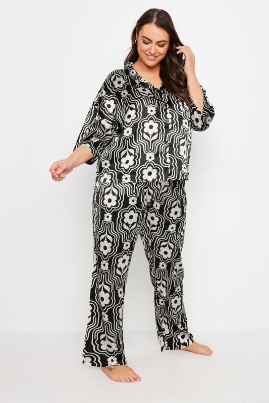 YOURS Plus Size Brown Floral Print Satin Pyjama Set | Yours Clothing 2