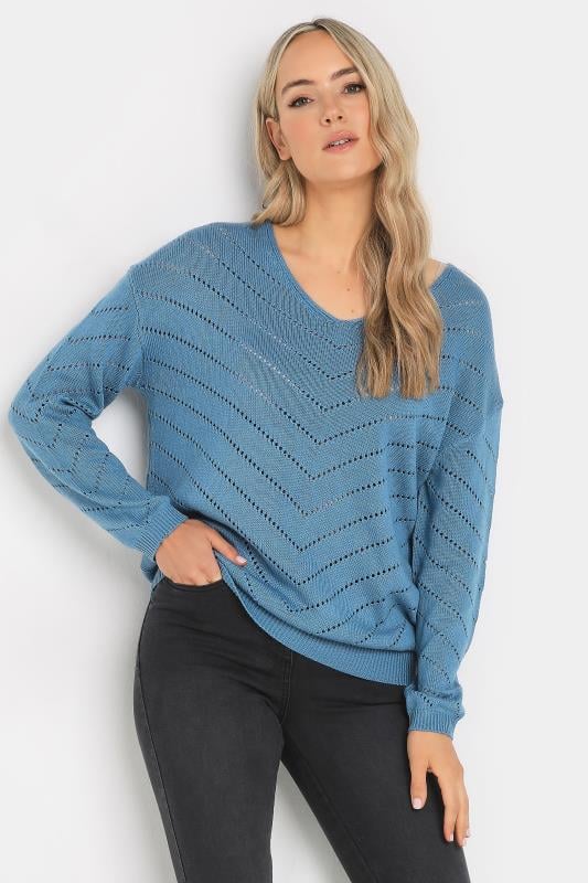 LTS Tall Womens Denim Blue Chevron Pointelle Stitch Jumper | Long Tall Sally 1