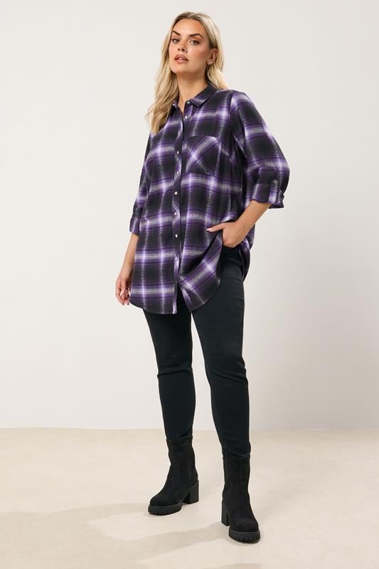 YOURS Plus Size Purple Check Boyfriend Shirt | Yours Clothing 1