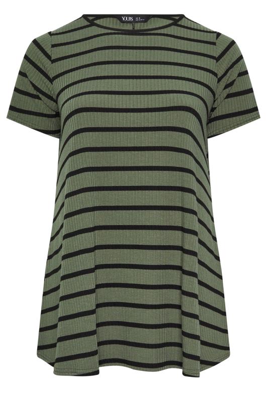 YOURS Plus Size Khaki Green Stripe Ribbed Swing T-Shirt | Yours Clothing  5