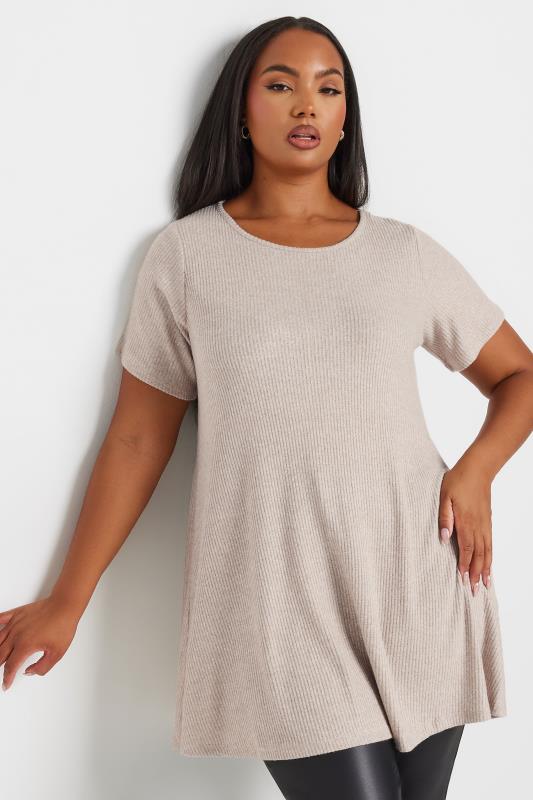 YOURS Plus Size Natural Brown Soft Touched Ribbed T-Shirt | Yours Clothing 1