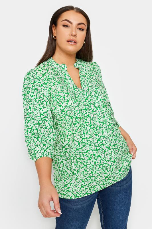 Plus Size  YOURS Curve Green Floral Print Pintuck Blouse