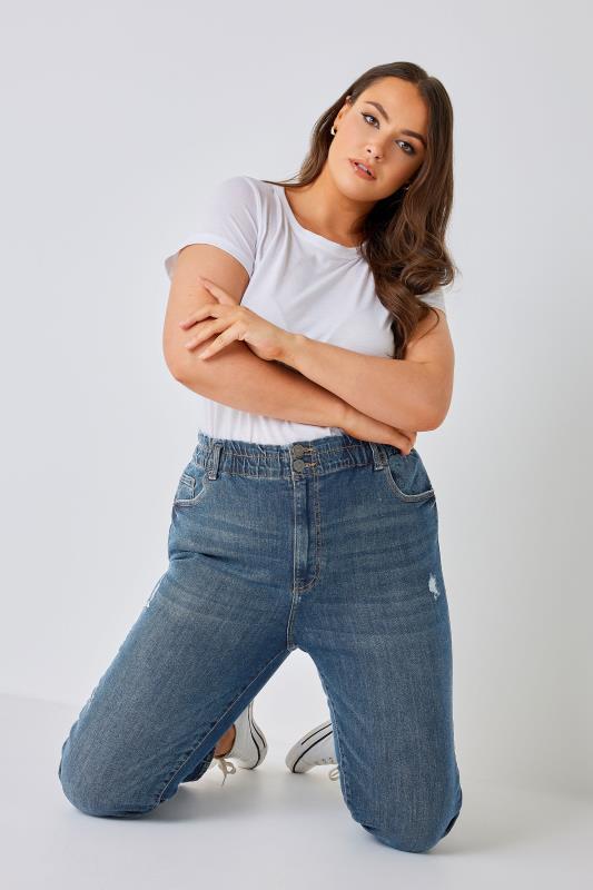 Plus Size Indigo Blue Washed Elasticated Stretch MOM Jeans | Yours Clothing  4