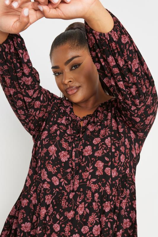 YOURS Plus Size Black Floral Print Long Sleeve Tie Neck Blouse | Yours Clothing 4