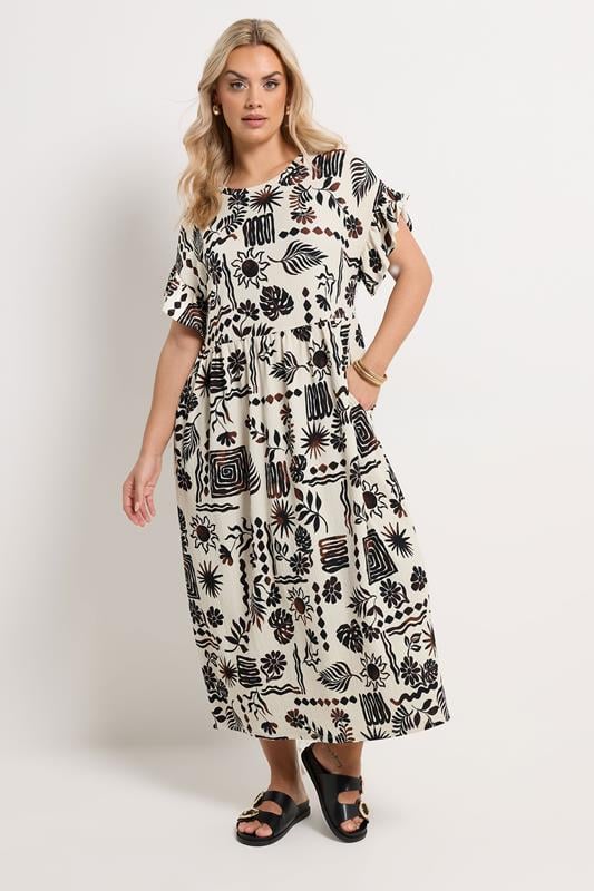 YOURS Plus Size Ivory White Abstract Midi Dress | Yours Clothing 1
