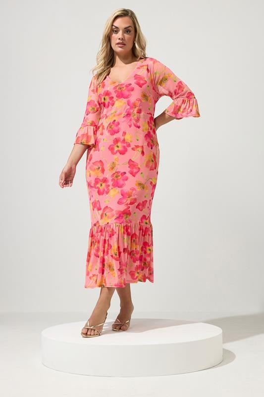 YOURS LONDON Plus Size Pink Floral Mesh Tiered Dress | Yours Clothing 1
