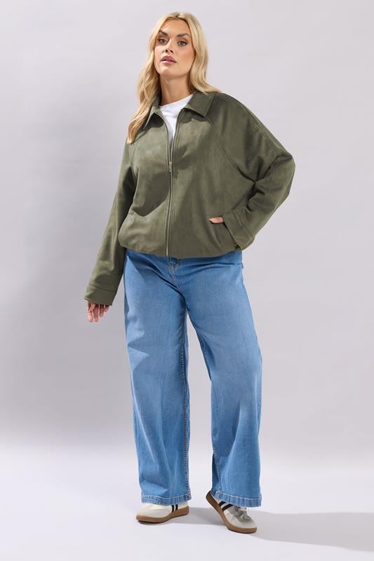 YOURS Plus Size Khaki Green Faux Suede Bomber Jacket | Yours Clothing 2