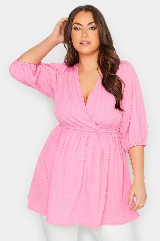 YOURS Plus Size Pink Textured Wrap Top | Yours Clothing 1