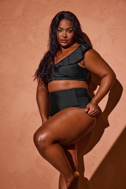 YOURS Plus Size Black Metal Trim Frill Bikini Top | Yours Clothing 7