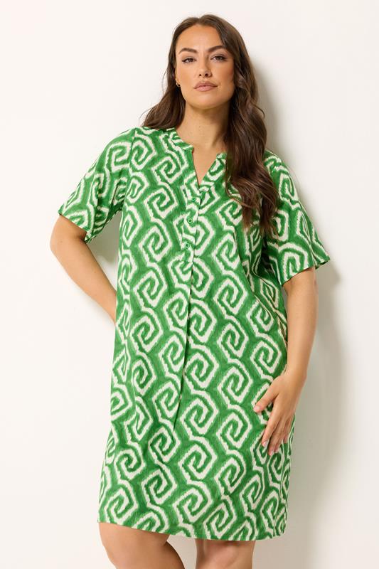  YOURS Curve Green Ikat Geometric Pleat Front Dress