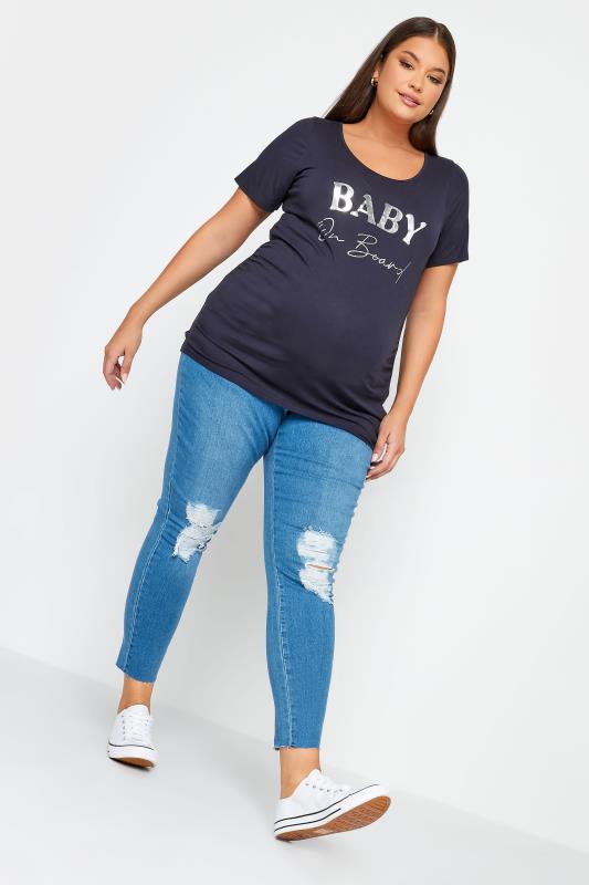 BUMP IT UP MATERNITY Plus Size Navy Blue 'Baby On Board' Slogan T-shirt | Yours Clothing 2