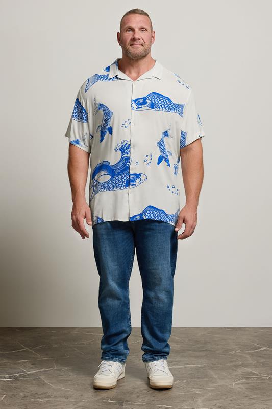 JACK & JONES Big & Tall White & Blue Koi Print Resort Shirt | BadRhino 1