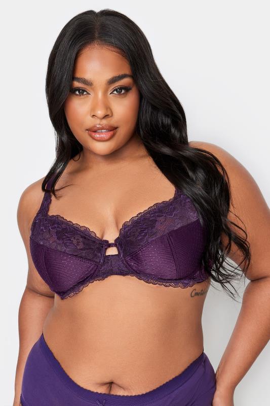 Plus Size  YOURS Curve Purple Lace Trim Non-Padded Underwired Bra
