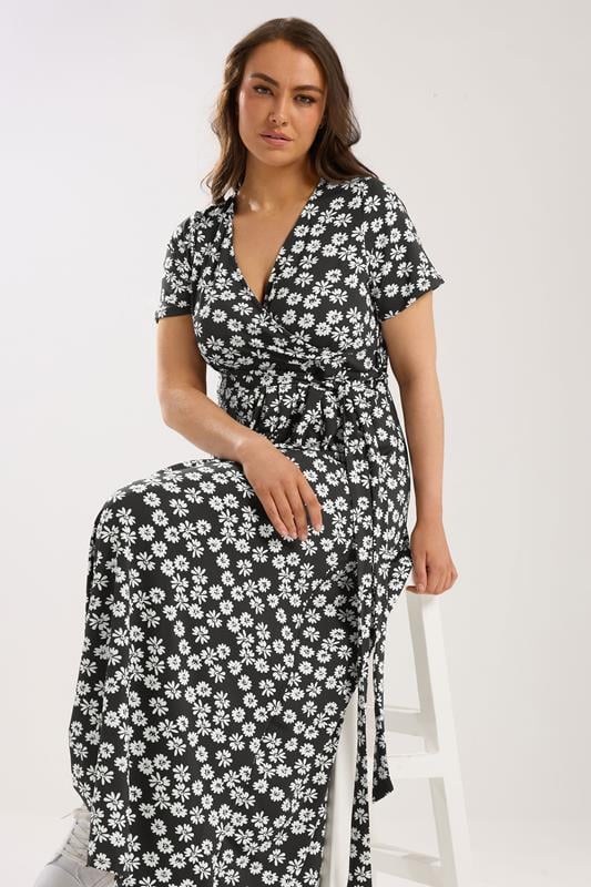 YOURS Plus Size Black Floral Short Sleeve Wrap Maxi Dress | Yours Clothing  1