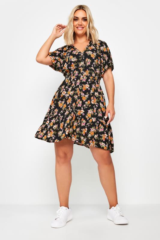 YOURS Plus Size Orange Floral Print Button Through Dress | Yours Curve  2