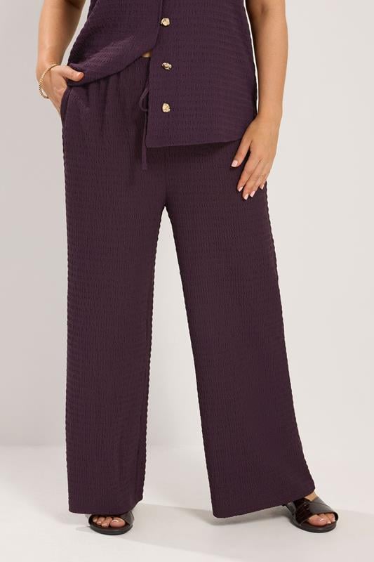 YOURS Plus Size Purple Wide Leg Crinkle Trousers | Yours Clothing 1