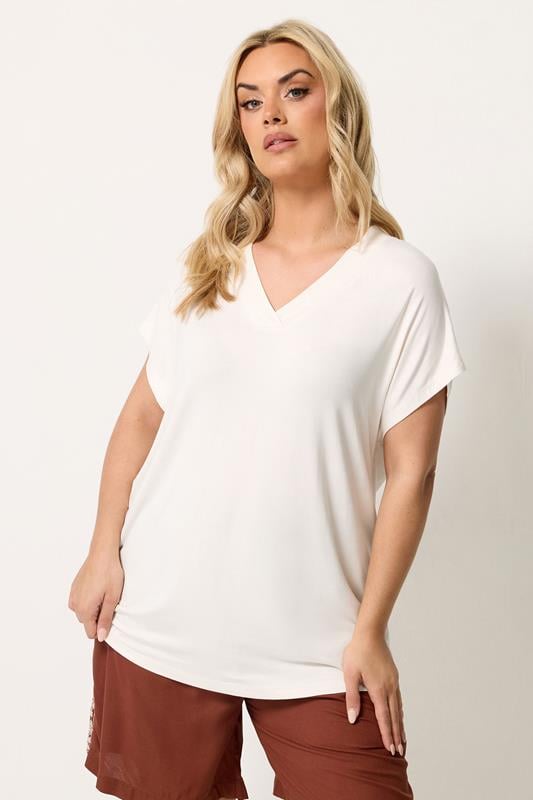 YOURS Plus Size V-Neck Ivory White T-Shirt | Yours Clothing 1