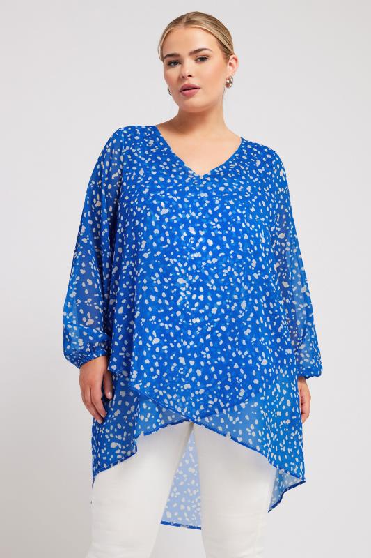 YOURS LONDON Plus Size Blue Dalmatian Print Wrap Front Blouse | Yours Clothing 1