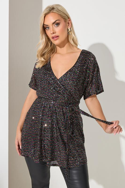 Plus Size  YOURS LONDON Curve Black Rainbow Sequin Wrap Top
