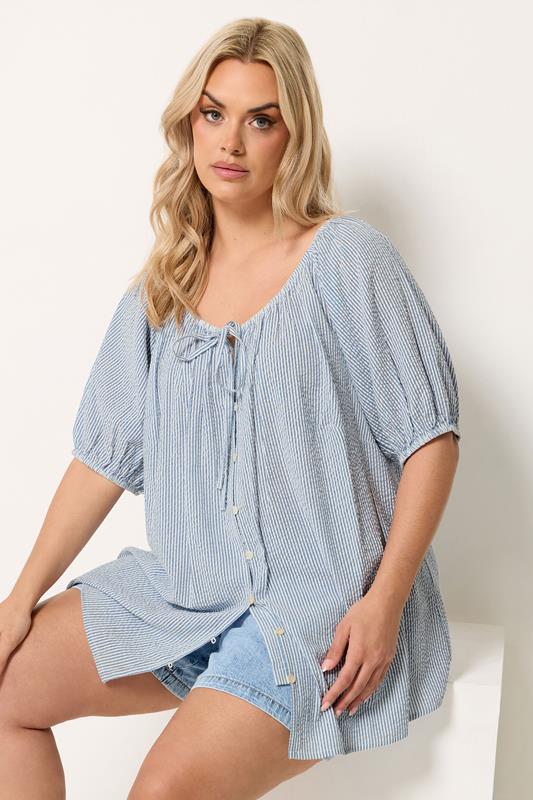YOURS Plus Size Blue Stripe Print Puff Sleeve Blouse | Yours Clothing 1