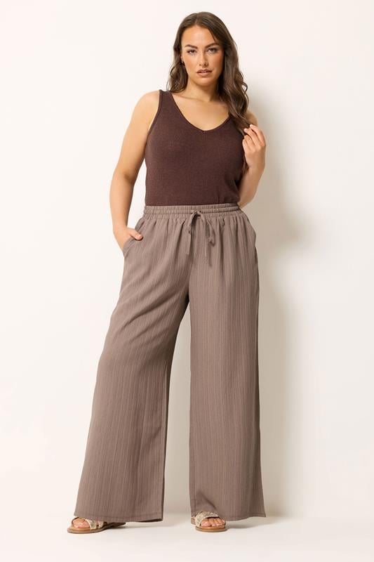 YOURS Curve Natural Brown Wide Leg Textured Trousers