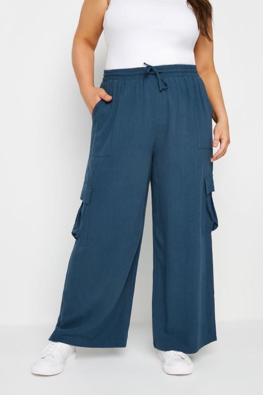 YOURS Plus Size Navy Blue Linen Look Cargo Trousers | Yours Clothing 1