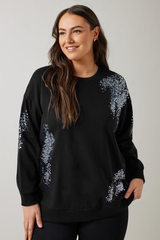 EVANS Plus Size Black Silver Sequin Embellished Sweatshirt Evans