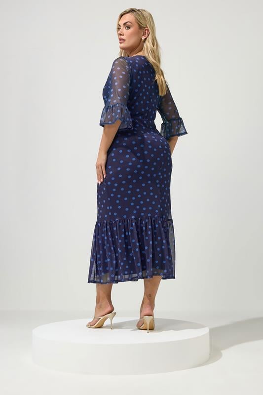 YOURS LONDON Plus Size Navy Blue Polka Dot Mesh Tiered Dress | Yours Clothing 2