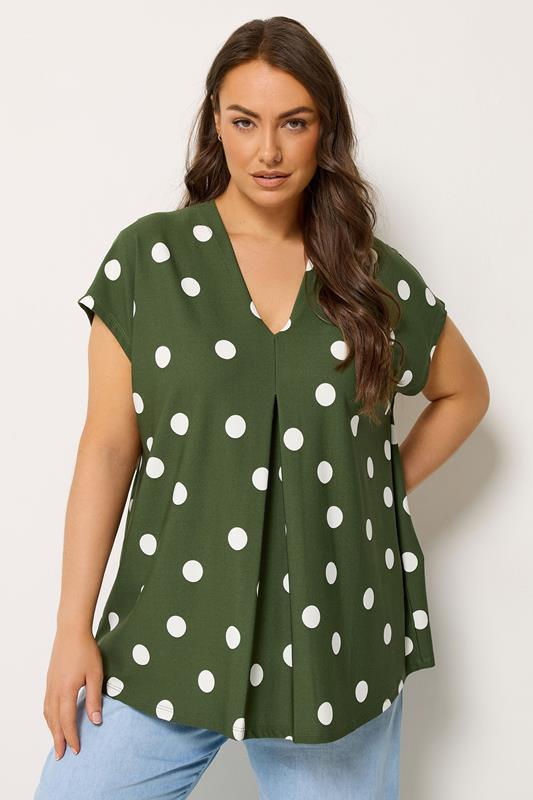  YOURS Curve Khaki Green Polka Dot Grown-On T-Shirt