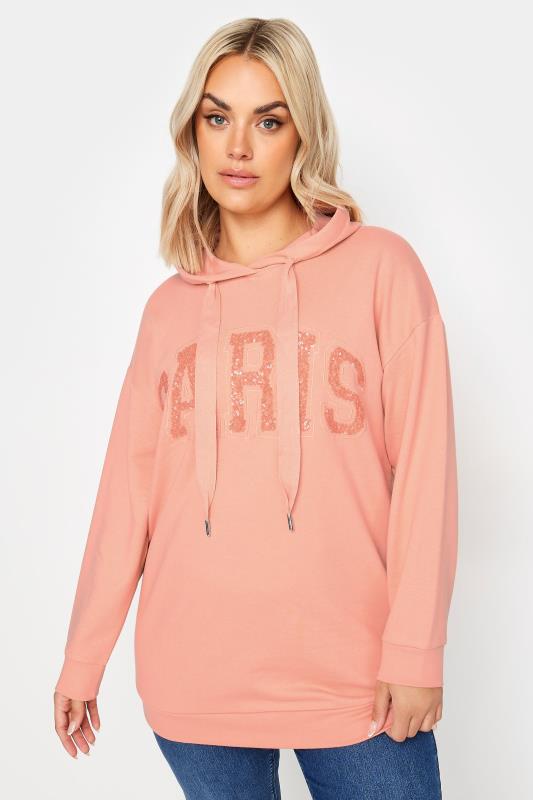 YOURS Plus Size Pink 'Paris' Sequin Embellished Hoodie  1