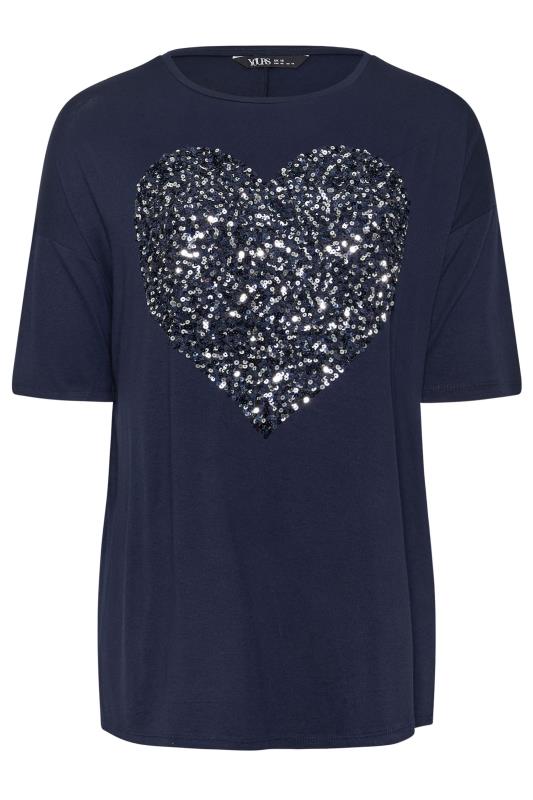 YOURS Plus Size Navy Blue Heart Sequin Embellished T-Shirt | Yours Clothing  5