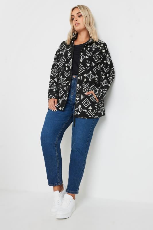 YOURS Plus Size Black & White Aztec Print Zip Fleece Jacket | Yours Clothing 2